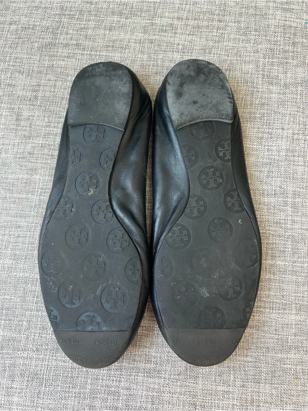 Tory Burch Black Reva Leather Ballet Flats with Gold Logo Medallions